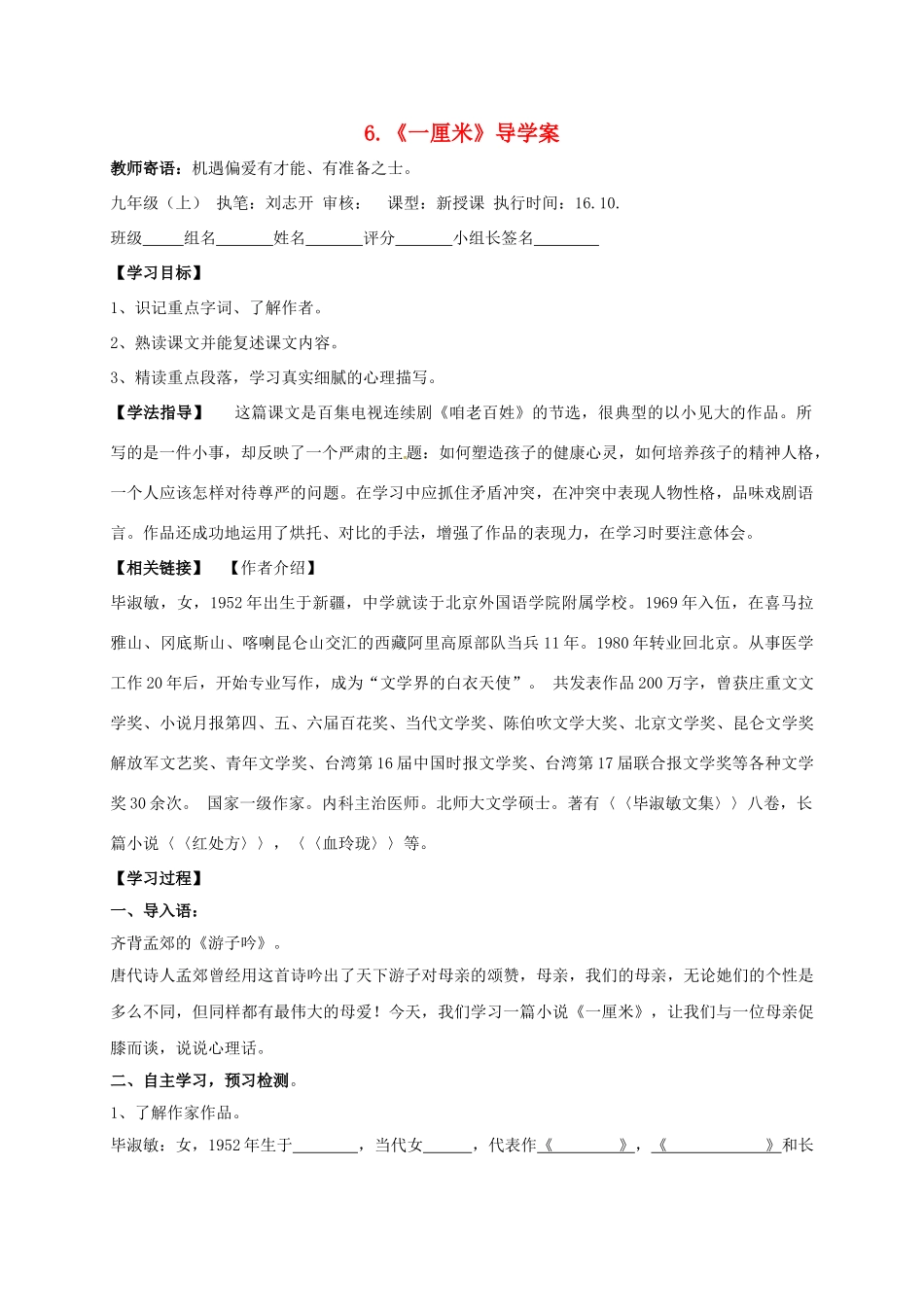 湖南省耒阳市九年级语文上册 第二单元 6 一厘米学案 （新版）语文版-（新版）语文版初中九年级上册语文学案_第1页