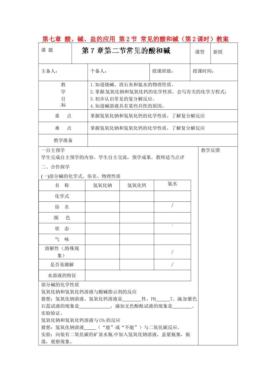 江苏省高邮市八桥镇初级中学九年级化学下册 第七章 酸、碱、盐的应用 第2节 常见的酸和碱（第2课时）教案 沪教版_第1页