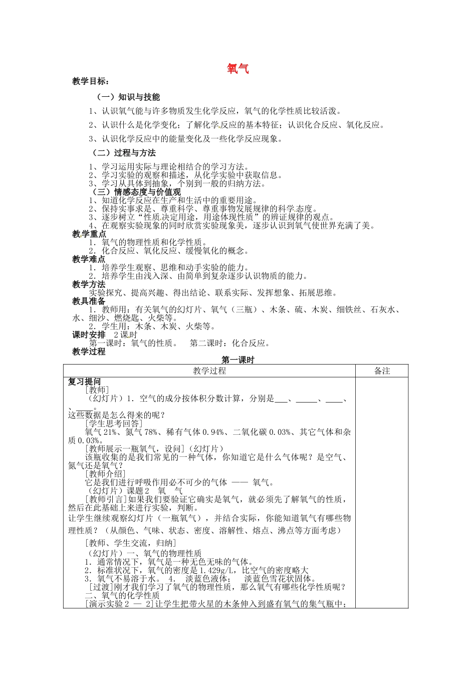 江苏省连云港市岗埠中学九年级化学上册 氧气教案 新人教版_第1页