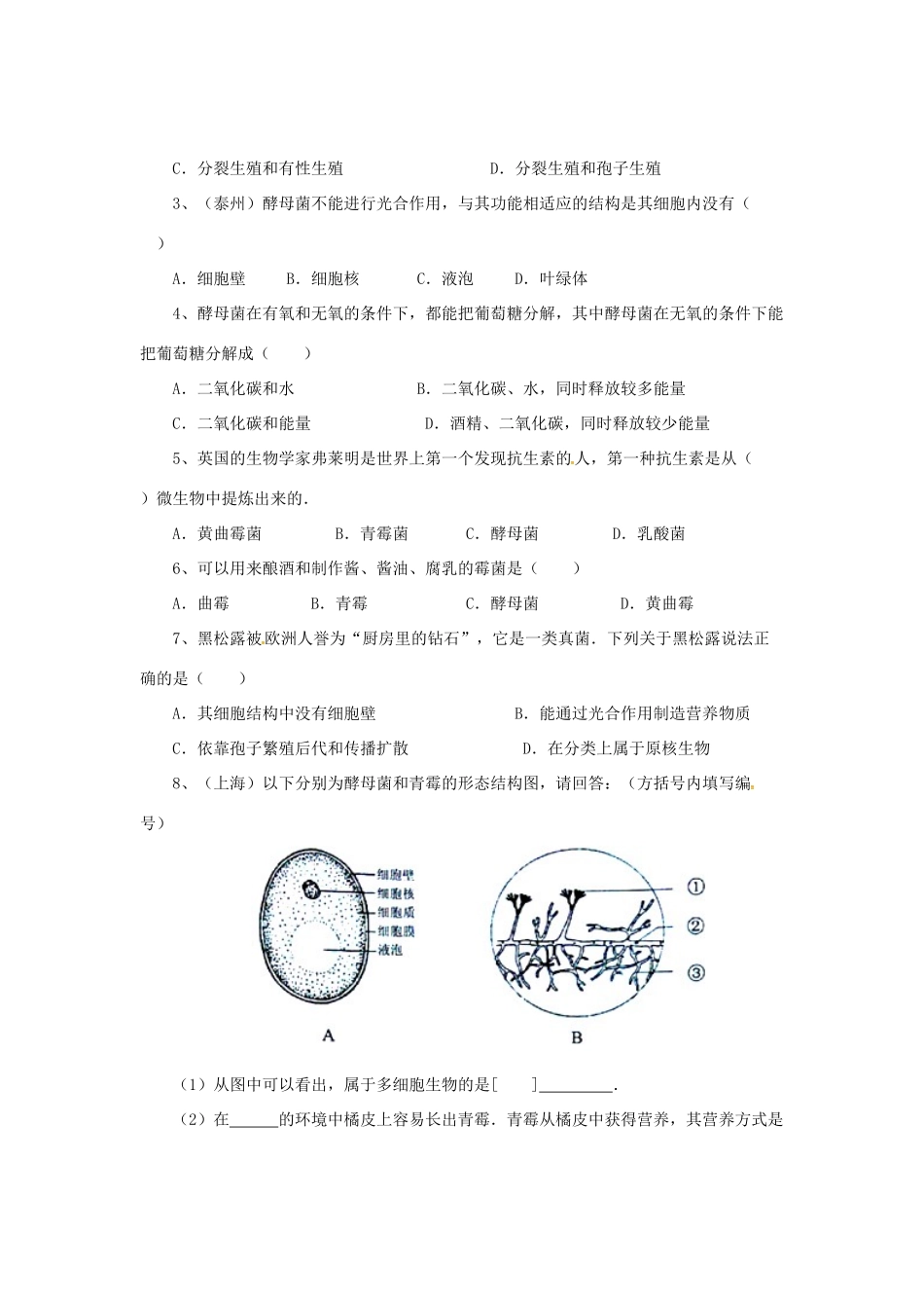八年级生物上册 5.2.1 酵母菌和霉菌导学案 （新版）冀教版-（新版）冀教版初中八年级上册生物学案_第3页