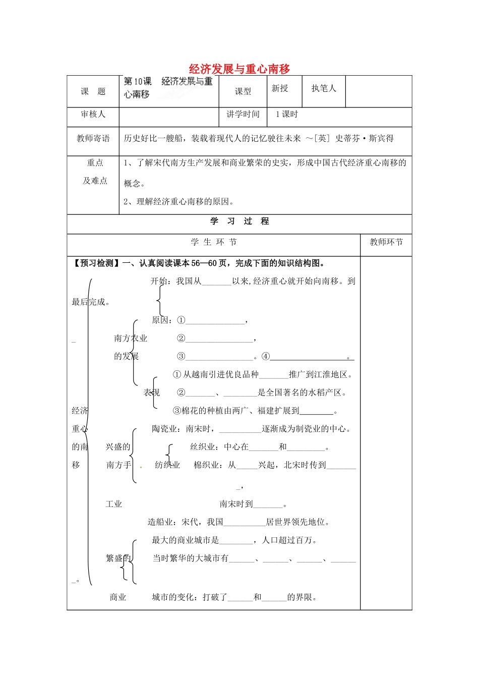 湖南省常德市第九中学七年级历史下册 第二单元 第10课《经济发展与重心南移》导学案（无答案） 新人教版_第1页