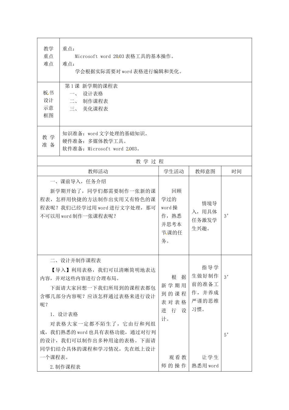 湖南省望城县金海双语实验学校七年级信息技术下册 第1课《新学期的课程表》教案 人教新课标版_第2页