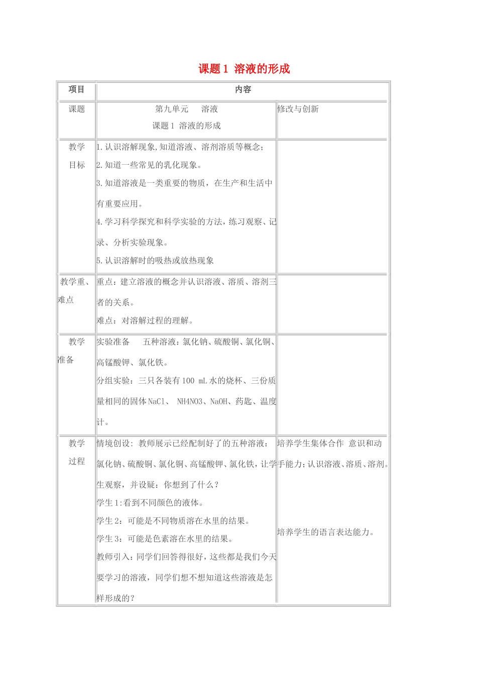 春九年级化学下册 第九单元 溶液 课题1 溶液的形成教案 新人教版-新人教版初中九年级下册化学教案_第1页