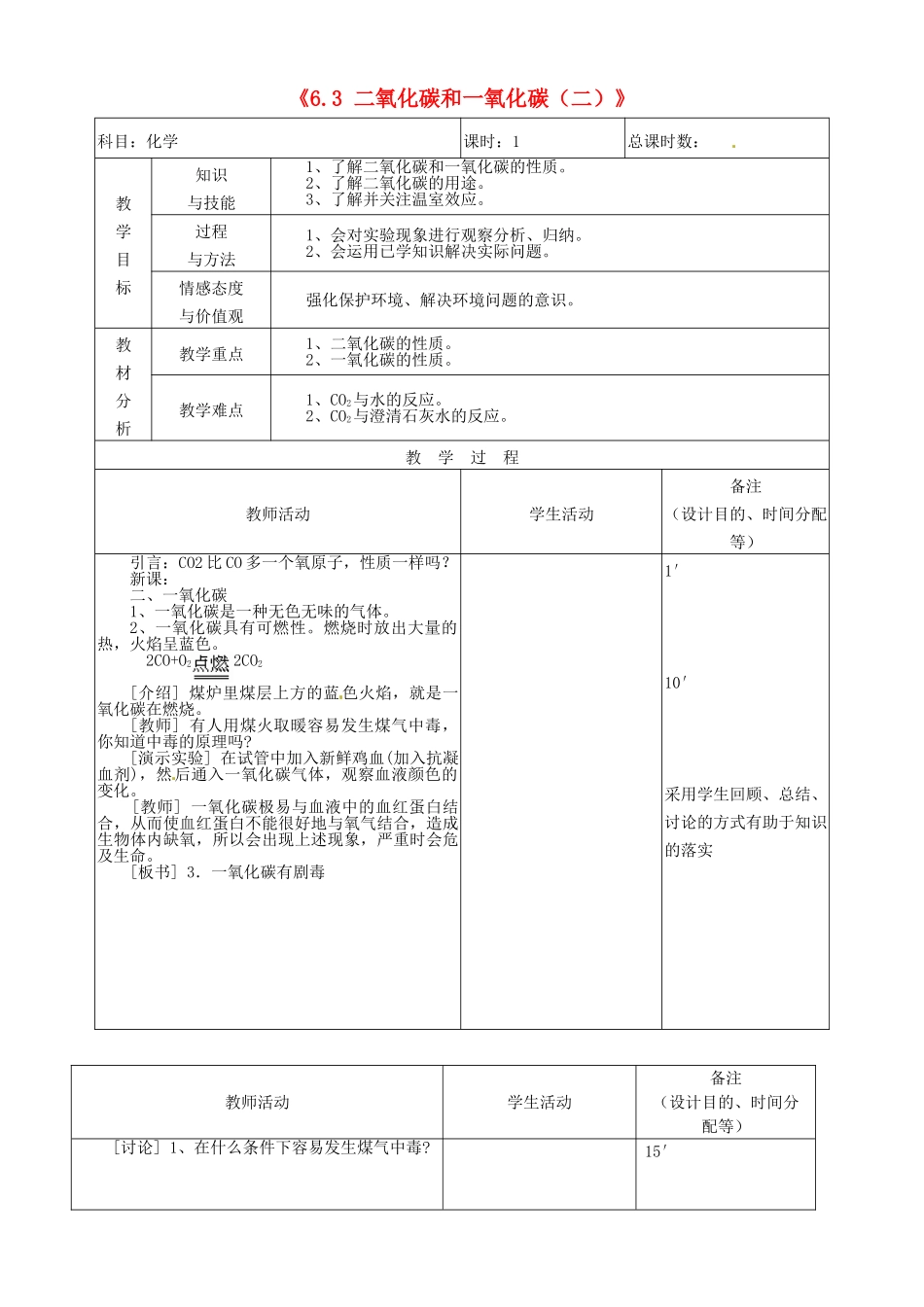 吉林省四平市第十七中学九年级化学上册《6.3 二氧化碳和一氧化碳（二）》教案 （新版）新人教版_第1页