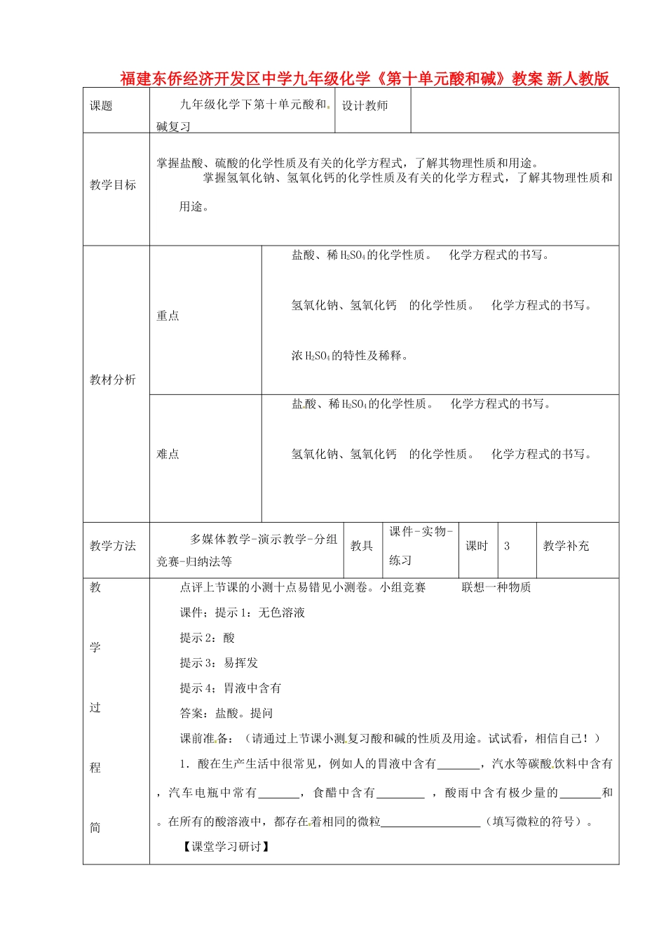 福建东侨经济开发区中学九年级化学《第十单元酸和碱》教案 新人教版_第1页