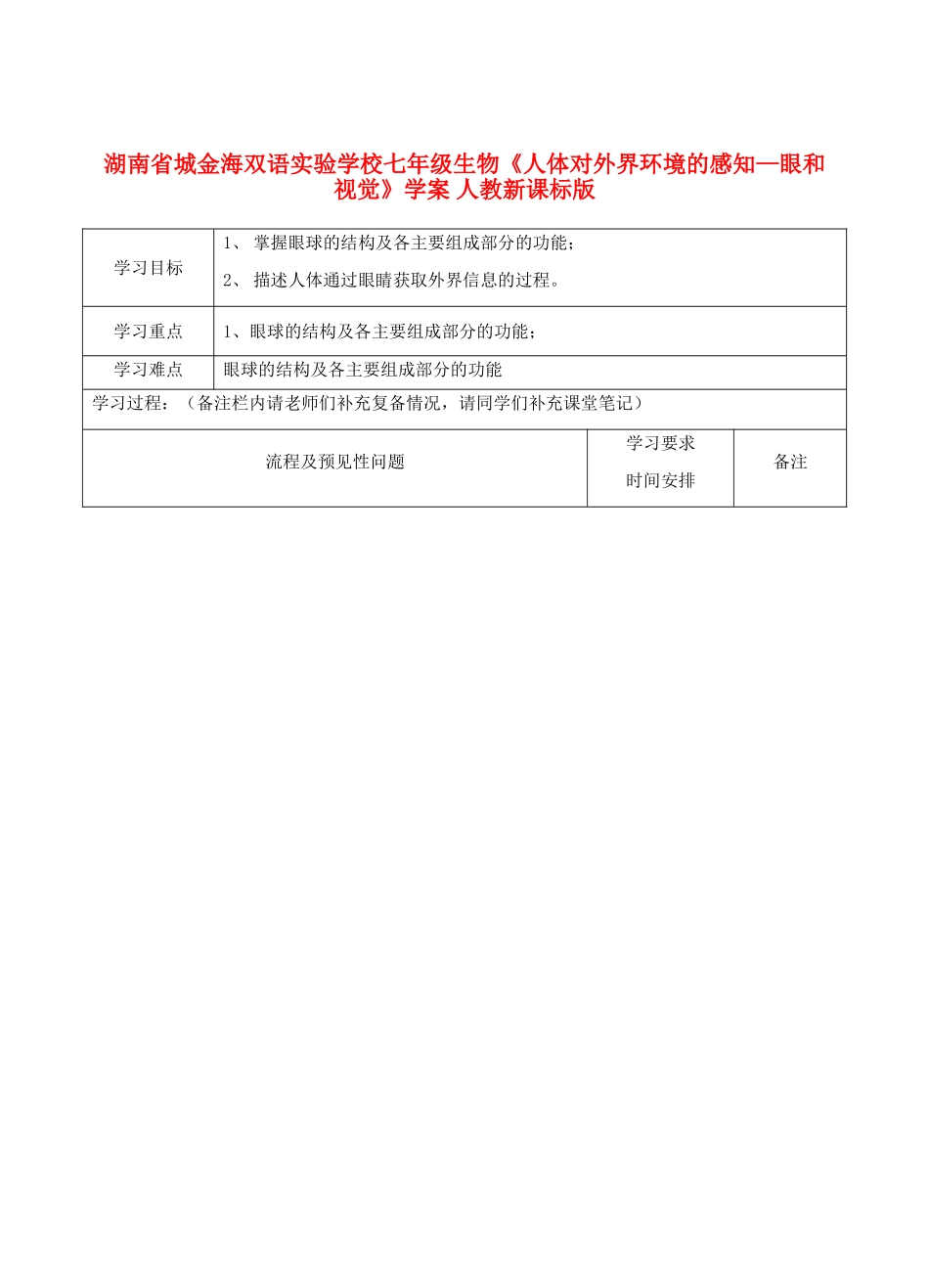 湖南省城金海双语实验学校七年级生物《人体对外界环境的感知—眼和视觉》学案 人教新课标版_第1页