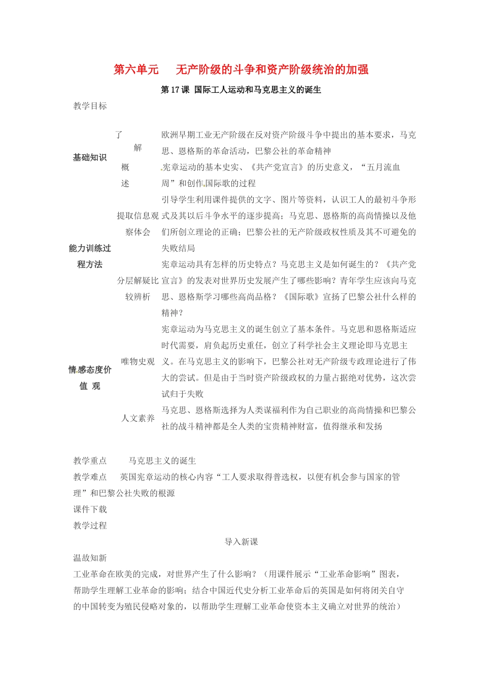 春九年级历史上册 第17课 国际工人运动与马克思主义的诞生教学设计 新人教版-新人教版初中九年级上册历史教案_第1页