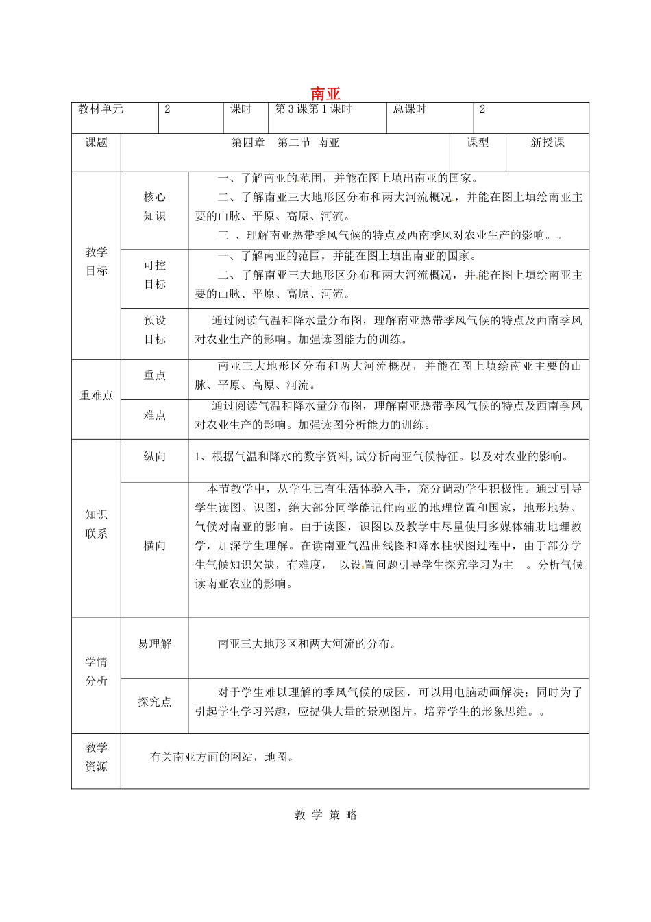 甘肃省临泽县七年级地理下册 第七章 第二节 南亚（第1课时）教学设计 （新版）湘教版-（新版）湘教版初中七年级下册地理教案_第1页