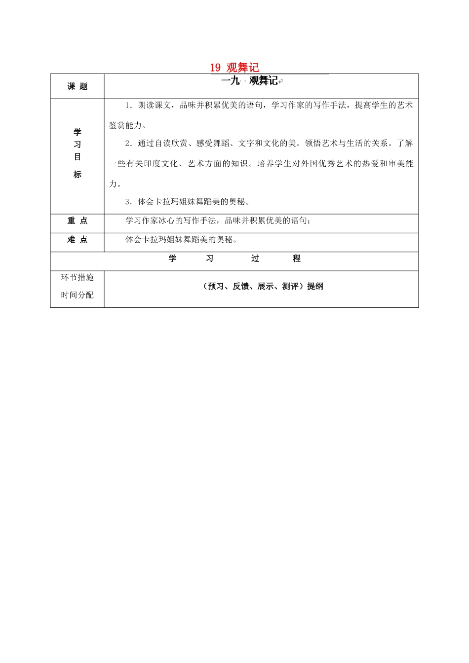 甘肃省永靖县回民中学七年级语文下册 19 观舞记导学案（无答案）（新版）新人教版_第1页