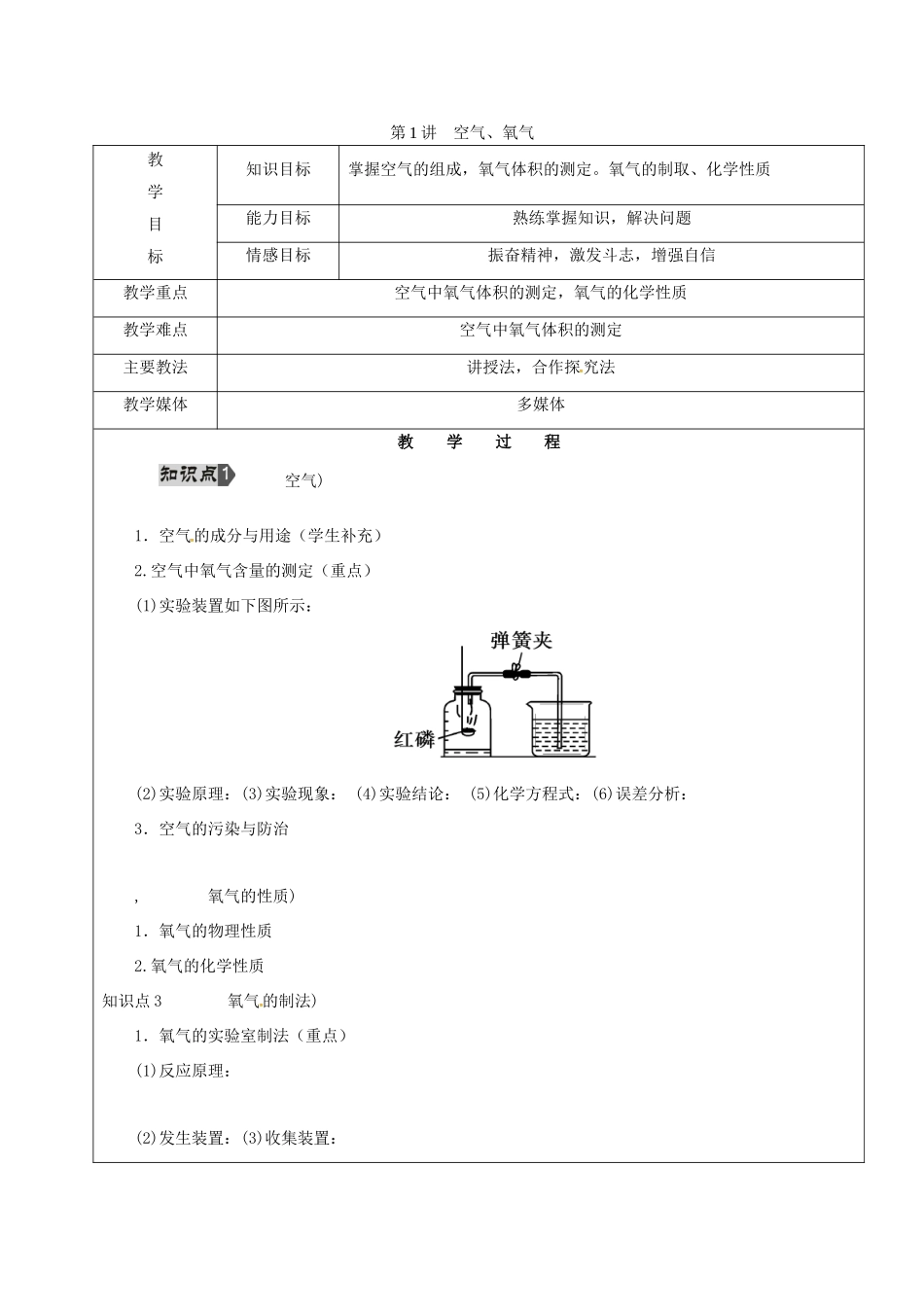 黑龙江省鸡西市恒山区中考化学 第1讲 空气、氧气复习教案-人教版初中九年级全册化学教案_第1页