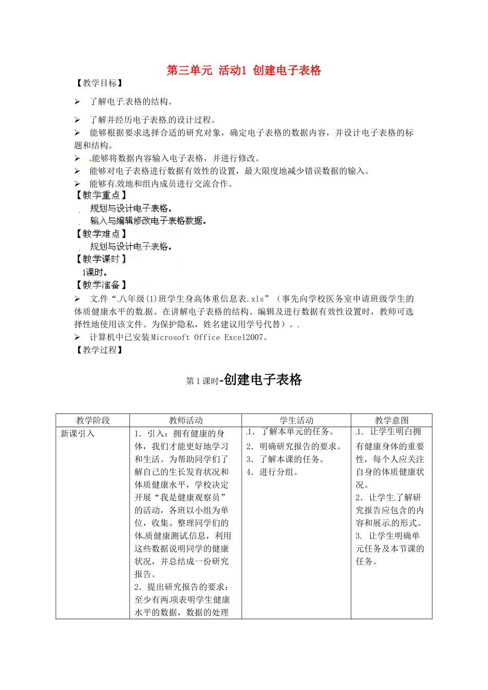 湖北省襄阳市第四十七中学八年级信息技术下册《第三单元 活动1 创建电子表格》教案_第1页