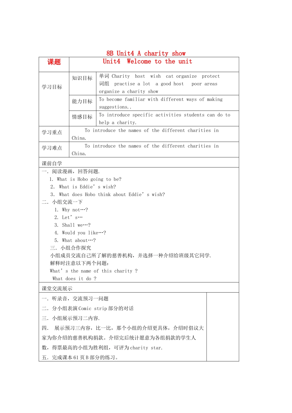 八年级英语下册 Unit4精品教学案（共10课时） 牛津译林版_第1页