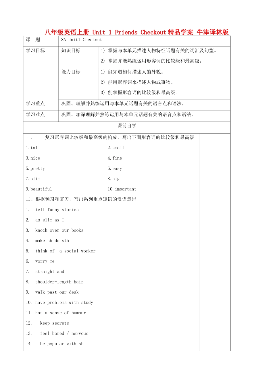 八年级英语上册 Unit 1 Friends Checkout精品学案 牛津译林版_第1页