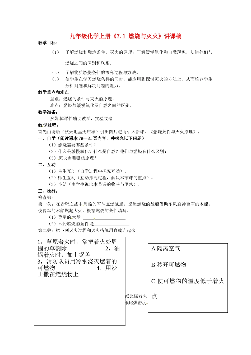 河南省濮阳市南乐县韩张镇初级中学九年级化学上册《7.1 燃烧与灭火》讲课稿 新人教版_第1页