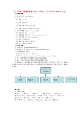 广东省中考英语突破复习（第二部分 话题部分）五 饮食、邀请和就餐（Food, drink, invitation and dining）导学案-人教版初中九年级全册英语学案