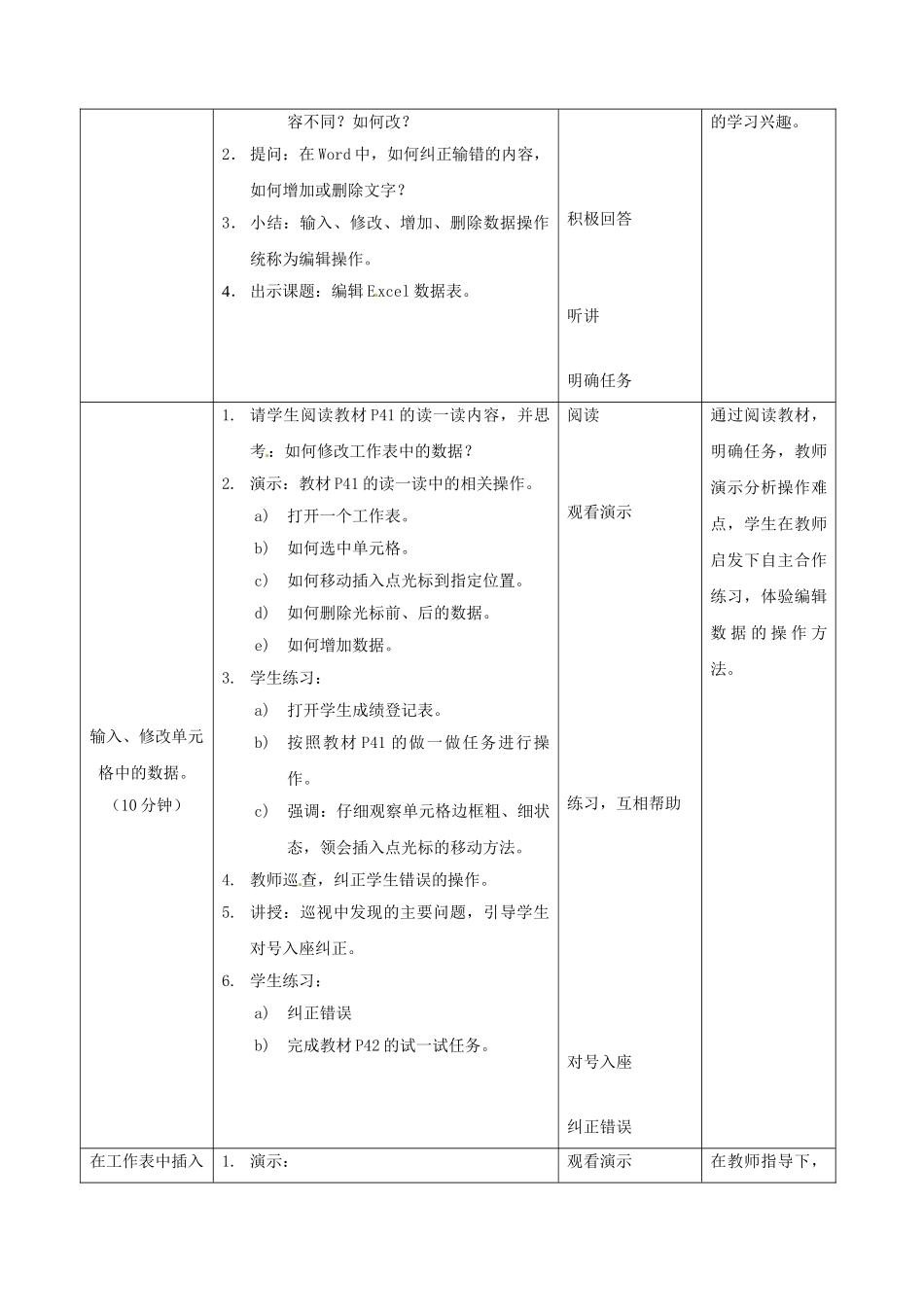 福建省福州十五中七年级信息技术 2.2《编辑Excel数据表》教案 闽教版_第2页
