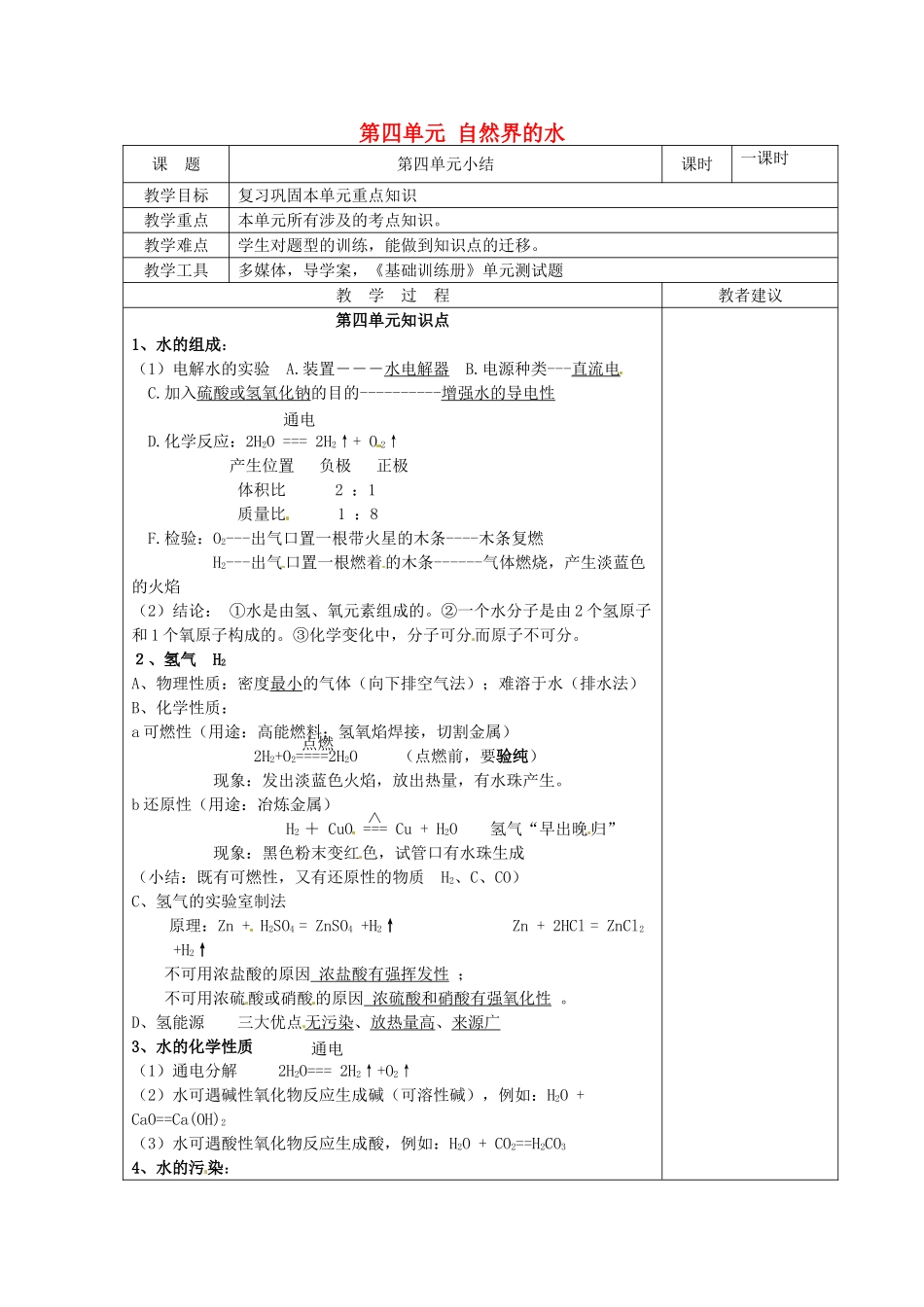 湖南省湘潭县南谷中学九年级化学上册 第四单元 自然界的水教案 （新版）新人教版_第1页