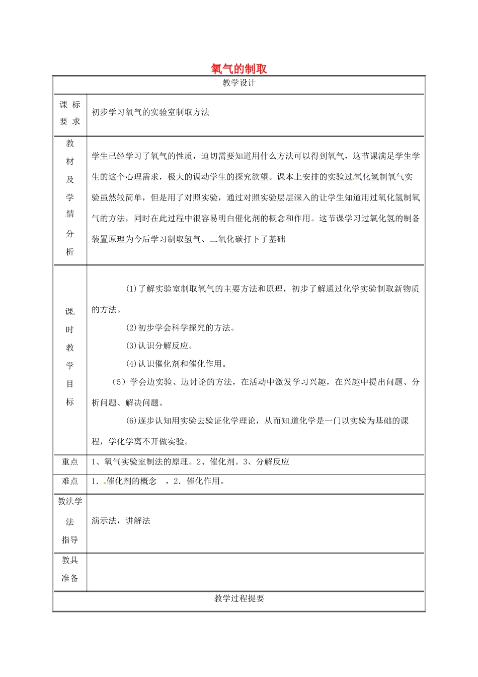 湖南省益阳市资阳区迎丰桥镇九年级化学上册 第3章 维持生命之气—氧气 3.2 制取氧气 氧气的实验室制法（第1课时）教案 （新版）粤教版-（新版）粤教版初中九年级上册化学教案_第1页