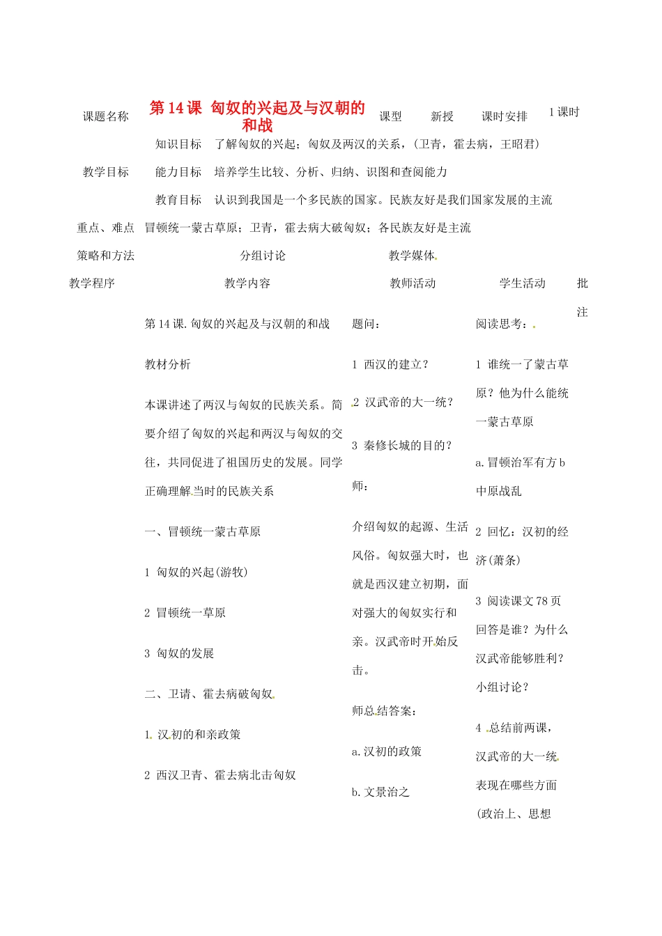 江苏省大丰市第七中学七年级历史《匈奴的兴起及与汉朝的和战》教学设计_第1页