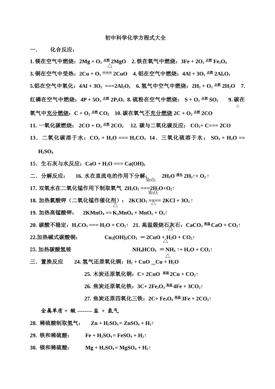 初中科学化学方程式大全_第1页