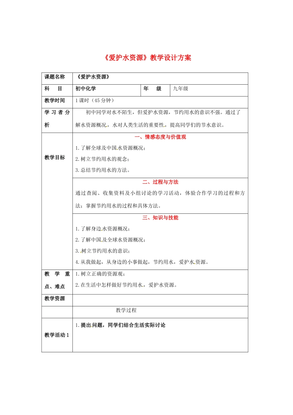 江苏省连云港市九年级化学《爱护水资源》教学设计_第1页