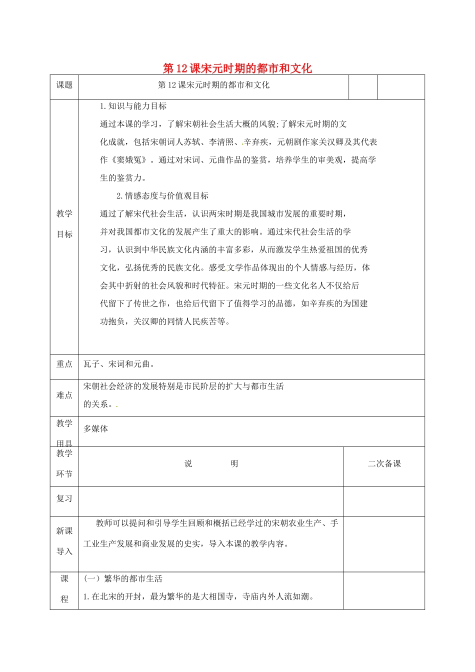 河北省邯郸市肥乡区七年级历史下册 第二单元 辽宋夏金元时期：民族关系发展和社会变化 第12课 宋元时期的都市和文化教案 新人教版-新人教版初中七年级下册历史教案_第1页