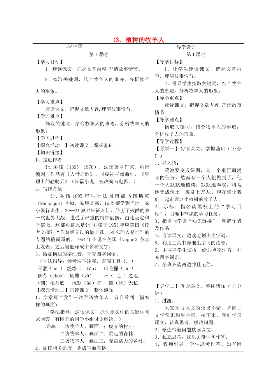 湖北省天门市七年级语文上册 第13课 植树的牧羊人导学设计2 新人教版-新人教版初中七年级上册语文学案_第1页