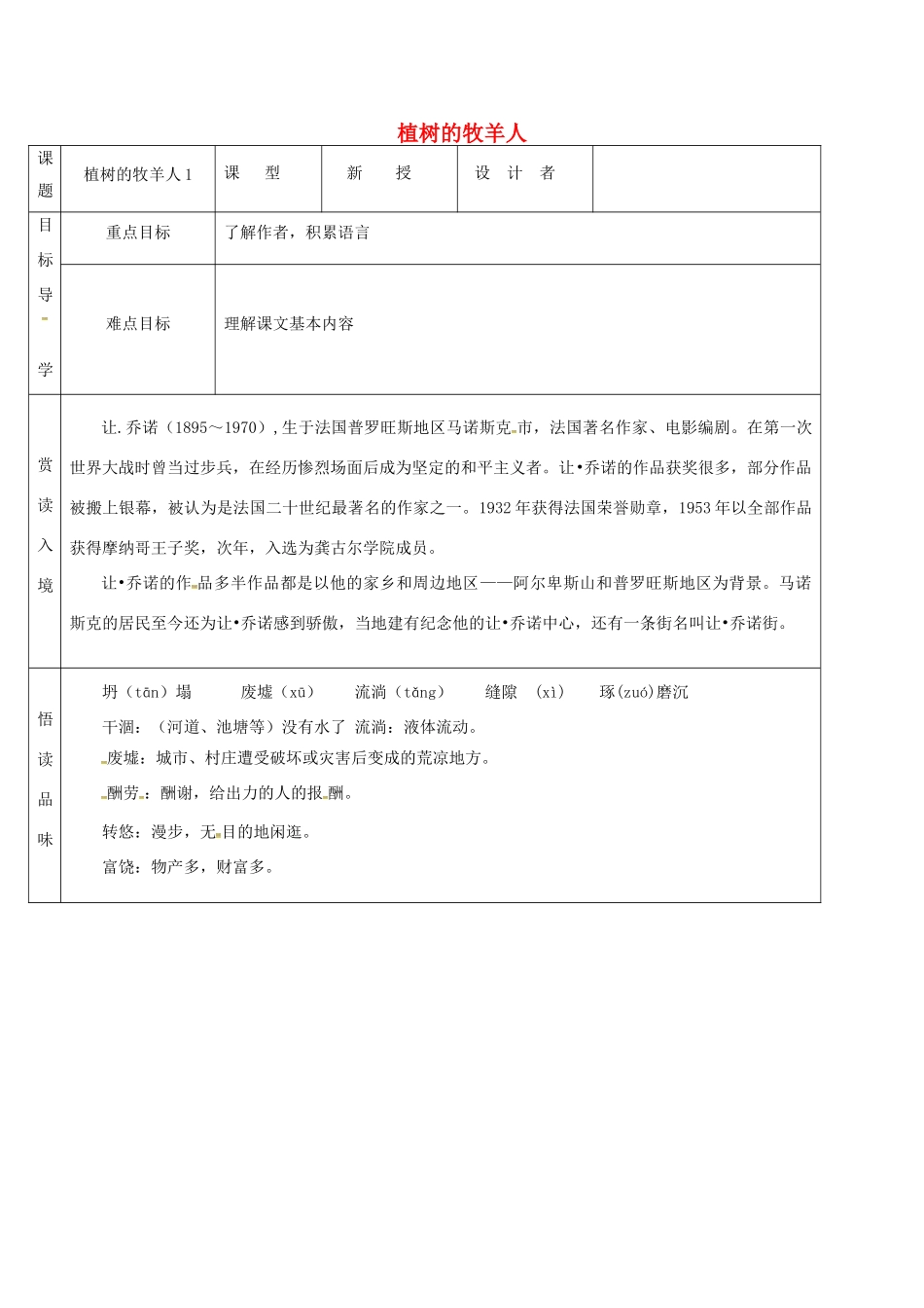 吉林省农安县七年级语文上册 第四单元 13 植树的牧羊人导学案1 新人教版-新人教版初中七年级上册语文学案_第1页