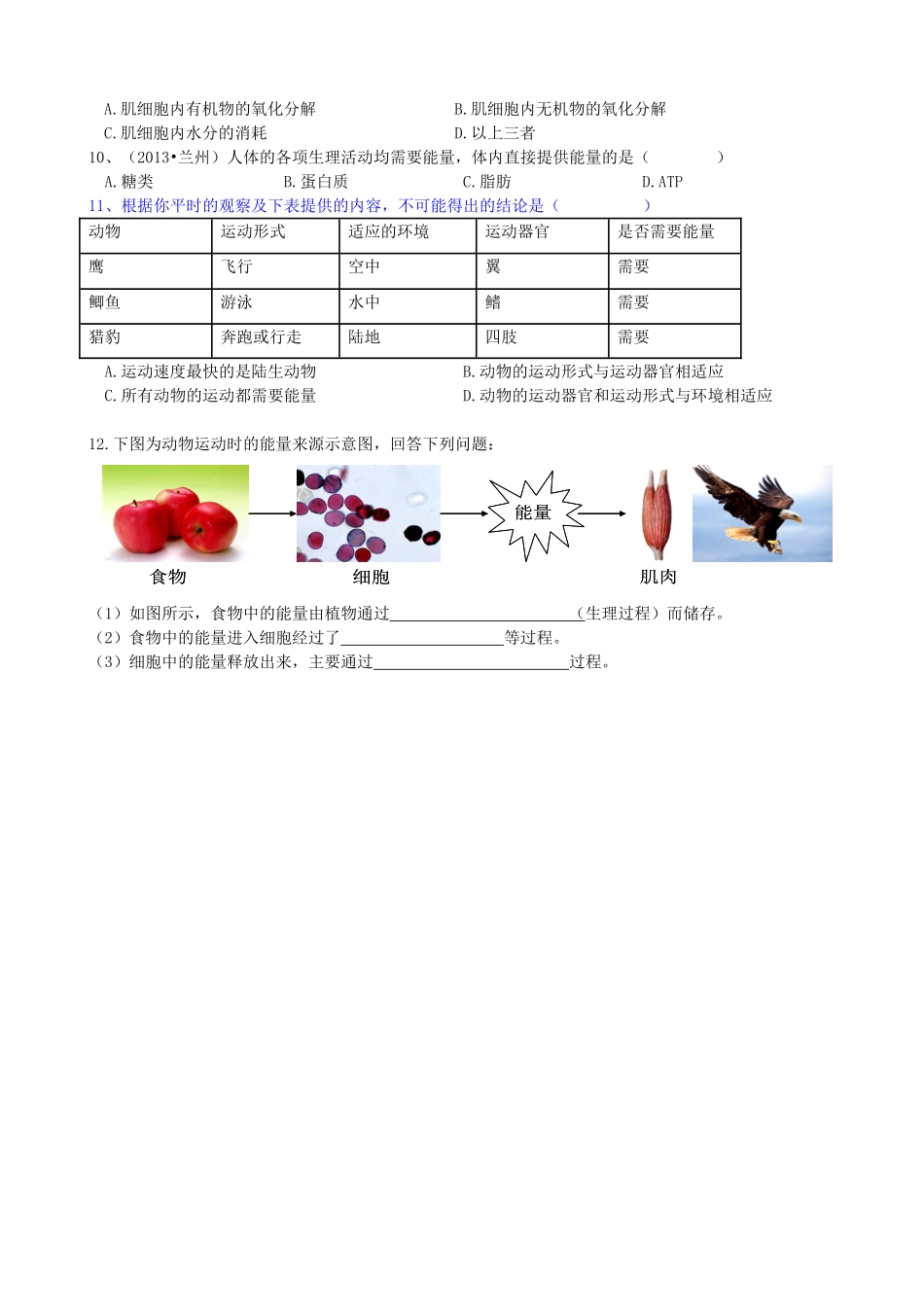 八年级生物上册 第六单元 第十七章 第一节 动物运动的形式和能量供应学案（含解析）（新版）苏教版_第3页
