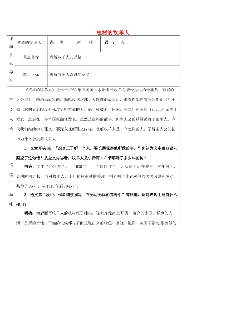 吉林省农安县七年级语文上册 第四单元 13 植树的牧羊人导学案2 新人教版-新人教版初中七年级上册语文学案_第1页