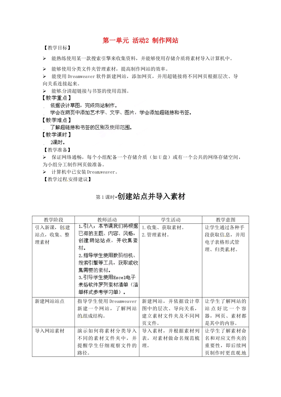 湖北省襄阳市第四十七中学八年级信息技术下册《第一单元 活动2 制作网站》教案_第1页