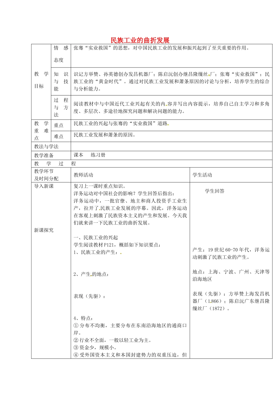 八年级历史上册 第18课 民族工业的曲折发展教案2 华东师大版-华东师大版初中八年级上册历史教案_第1页