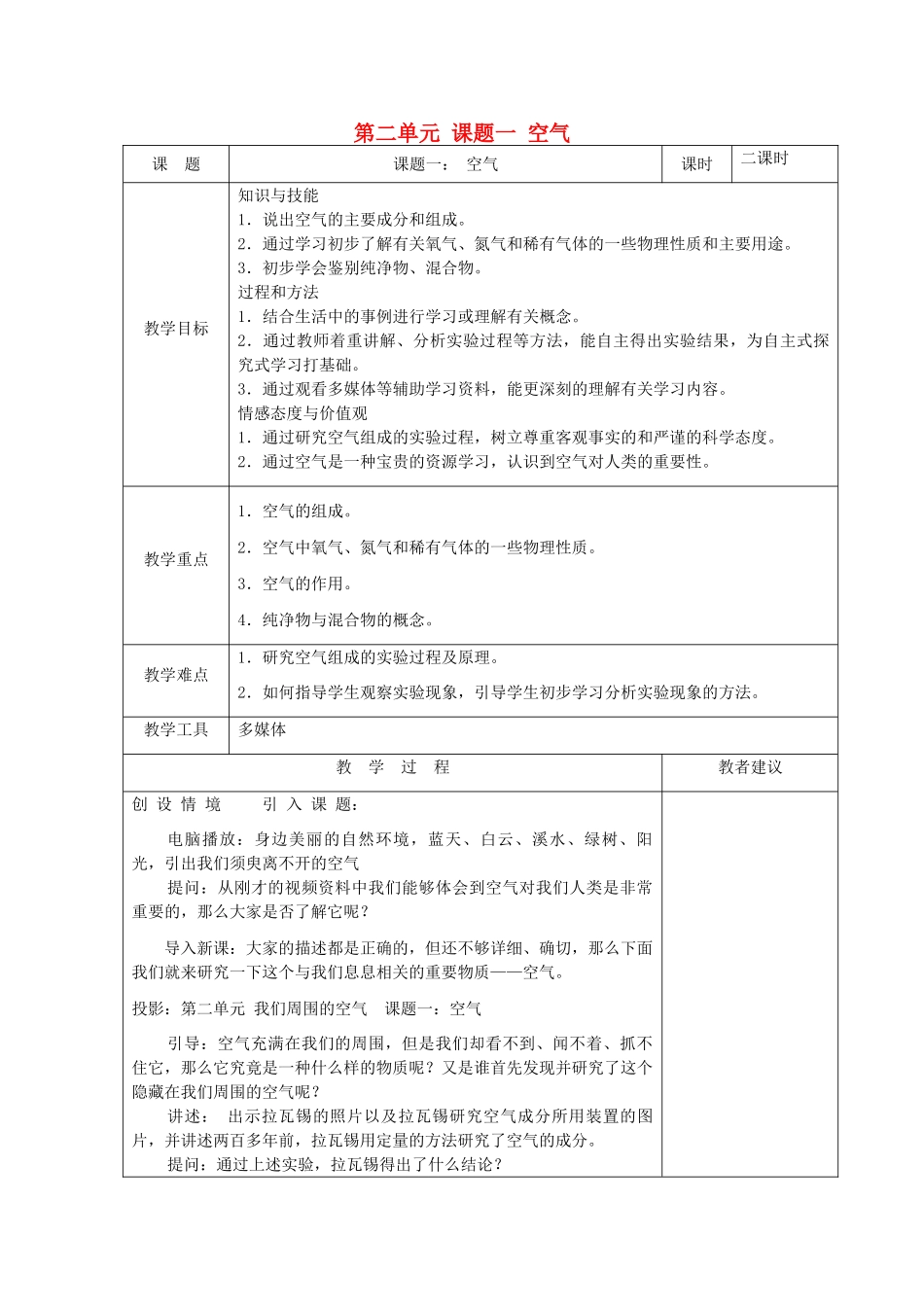 湖南省湘潭县南谷中学九年级化学上册 第二单元 课题一 空气教案 （新版）新人教版_第1页