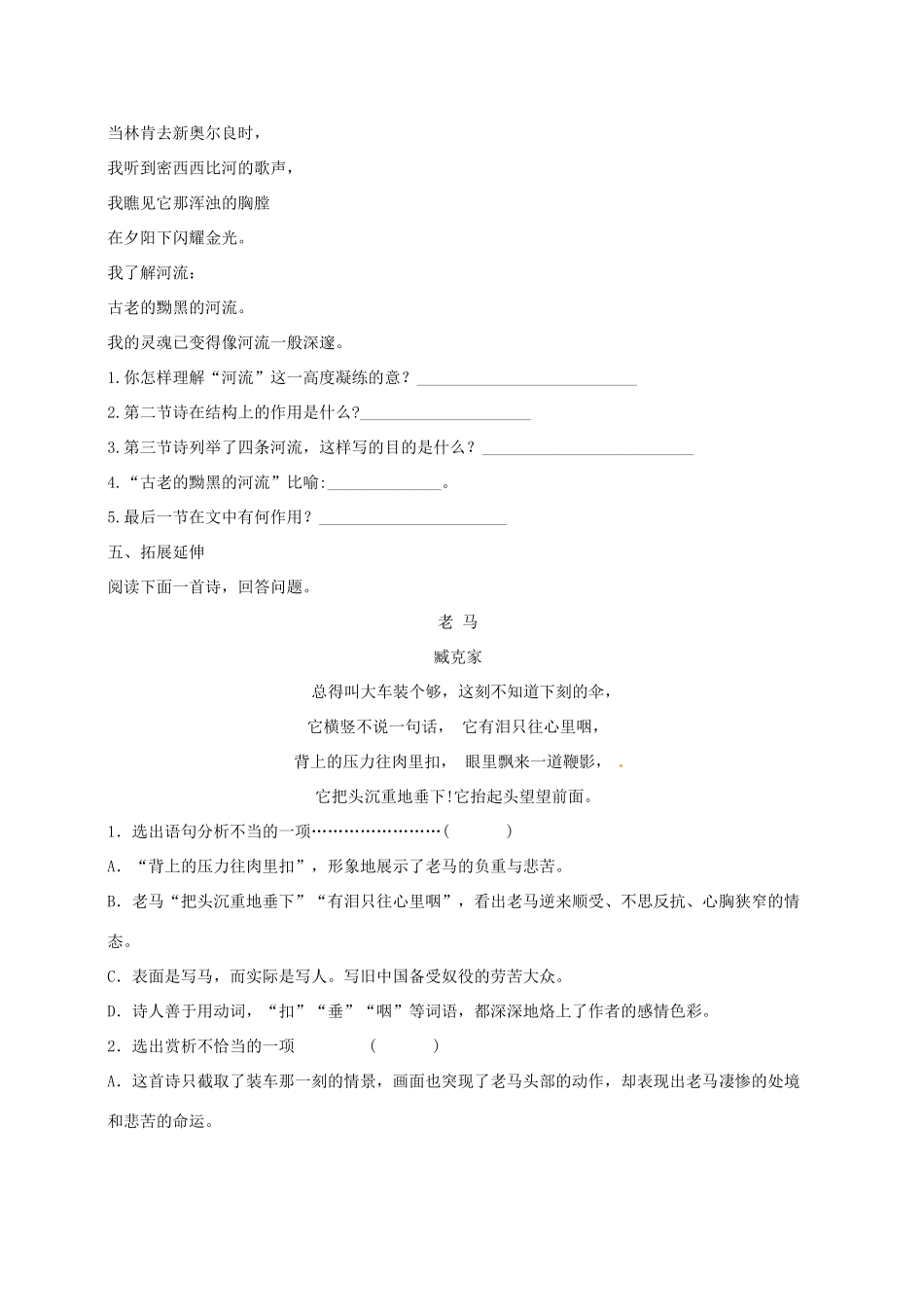 湖南省株洲市天元区马家河中学九年级语文下册《外国诗两首--黑人谈河流、祖国》学案 新人教版_第3页