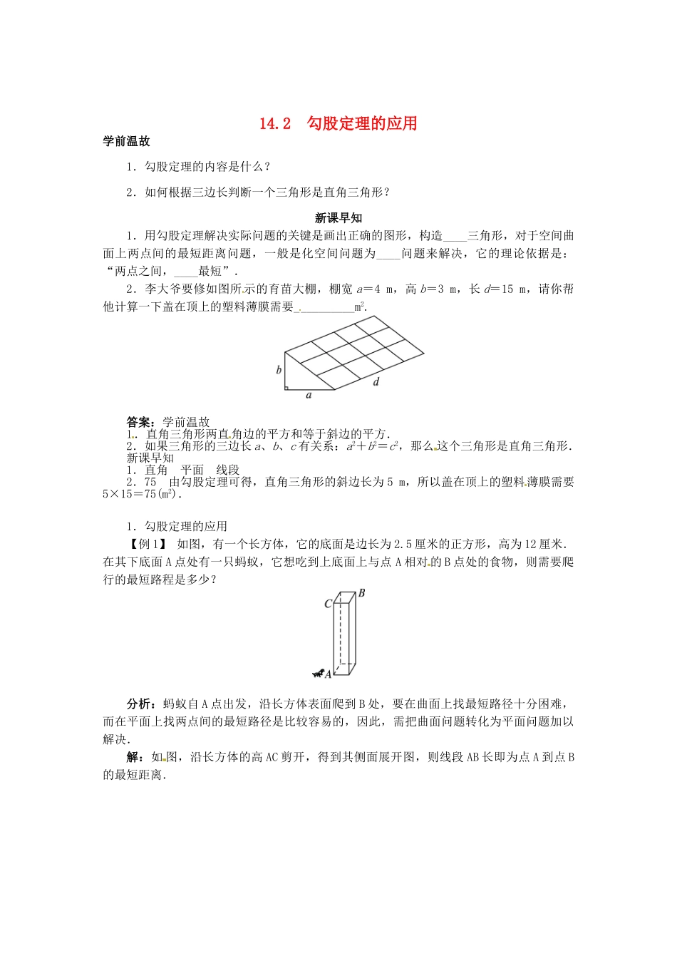 八年级数学上册 14.2 勾股定理的应用学案 （新版）华东师大版-（新版）华东师大版初中八年级上册数学学案_第1页