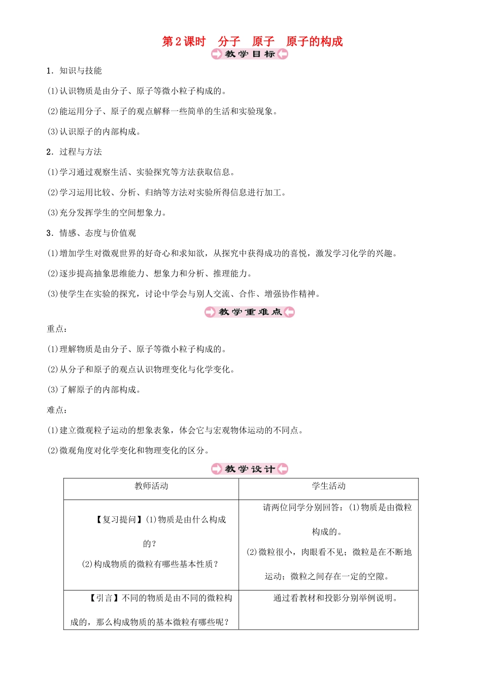 （遵义专版）秋九年级化学上册 第3章 物质构成的奥秘 3.1 构成物质的基本微粒 第2课时 分子 原子 原子的构成教案 沪教版-沪教版初中九年级上册化学教案_第1页