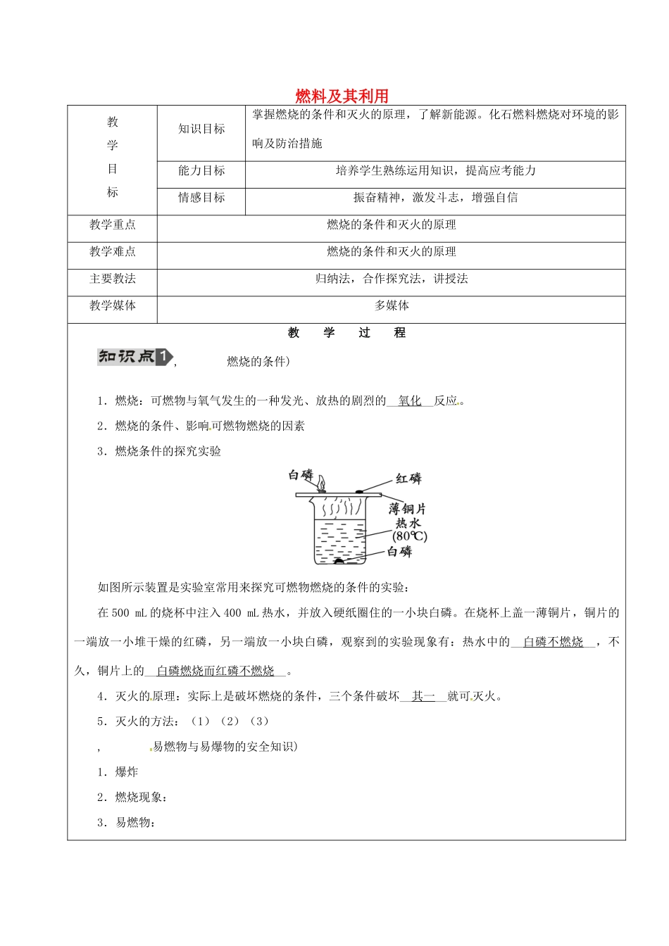 黑龙江省鸡西市恒山区中考化学 第13讲 燃料及其利用复习教案-人教版初中九年级全册化学教案_第1页