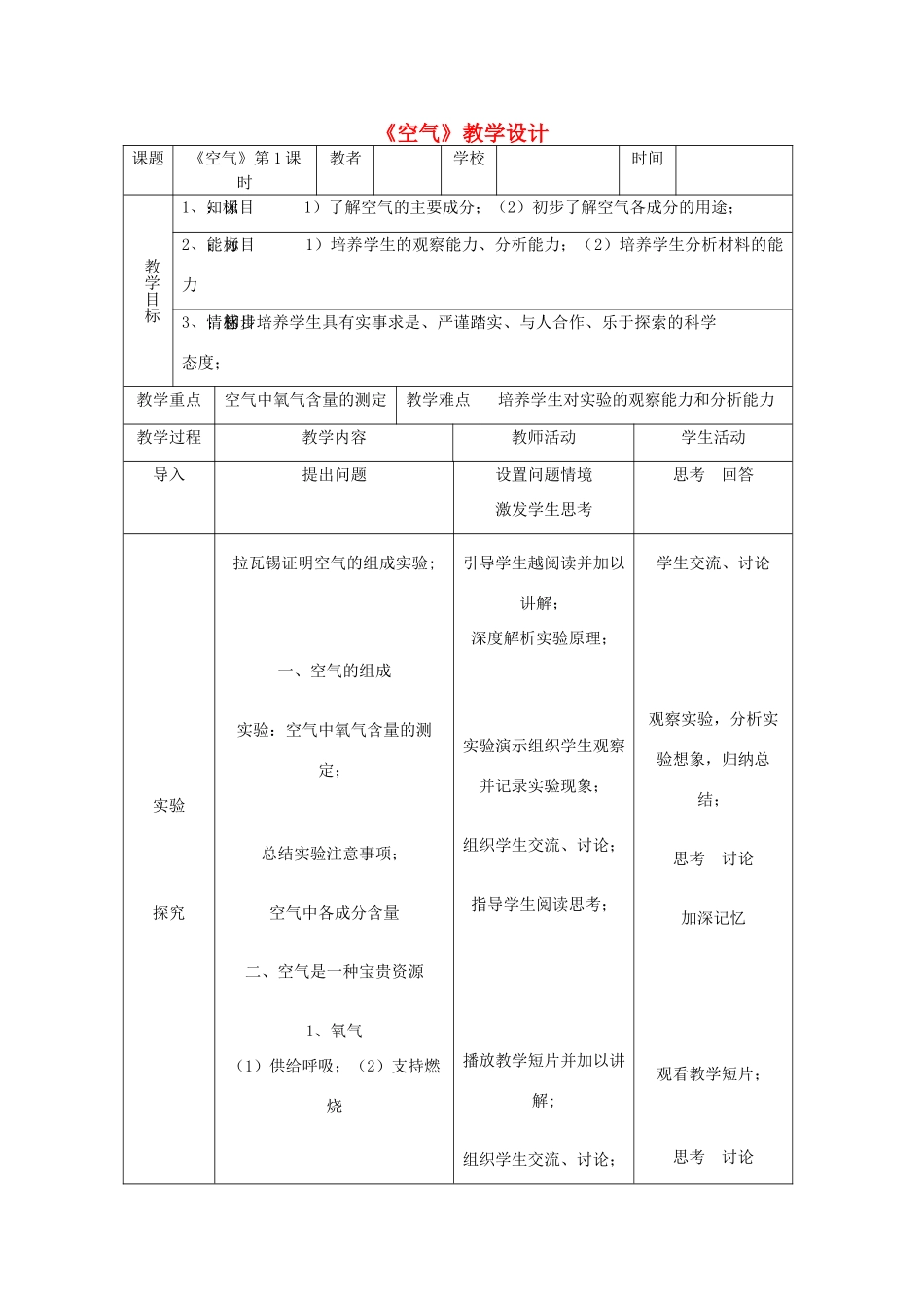 黑龙江省密山市兴凯湖乡中学九年级化学上册《空气》教学设计 新人教版_第1页