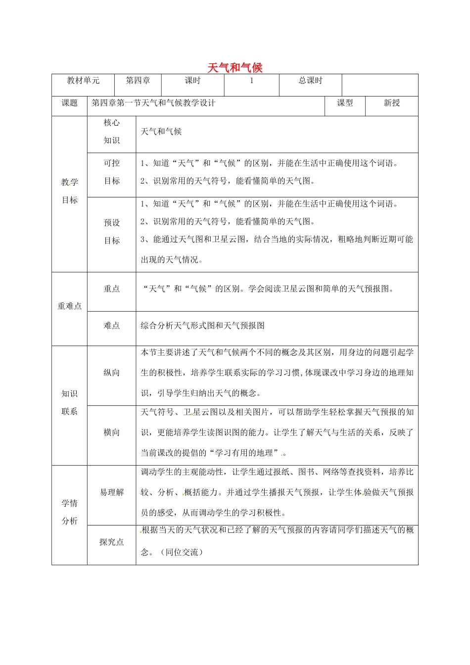 甘肃省临泽县七年级地理上册 第四章 第一节 天气和气候教学设计 （新版）湘教版-（新版）湘教版初中七年级上册地理教案_第1页