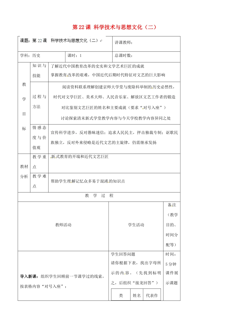 吉林省四平市第十七中学八年级历史上册 第22课 科学技术与思想文化（二）教案 新人教版_第1页