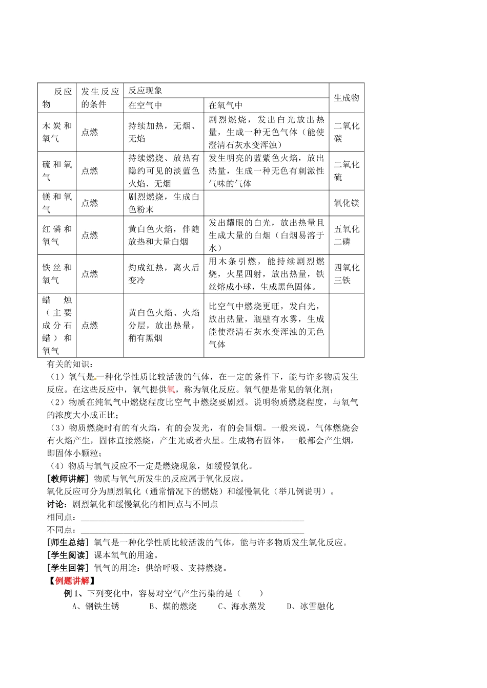 江苏省姜堰市大伦中学九年级化学上册 第二章 第一节 性质活泼的氧气教案 新人教版_第2页