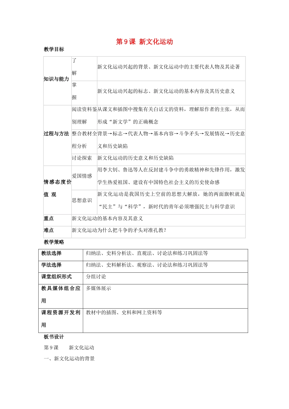 福建省龙岩市小池初级中学八年级历史上册 第9课 新文化运动教学设计 新人教版_第1页