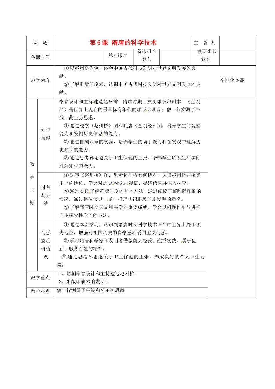 湖南省茶陵县世纪星实验学校七年级历史下册 第6课 隋唐的科学技术教案 新人教版_第1页