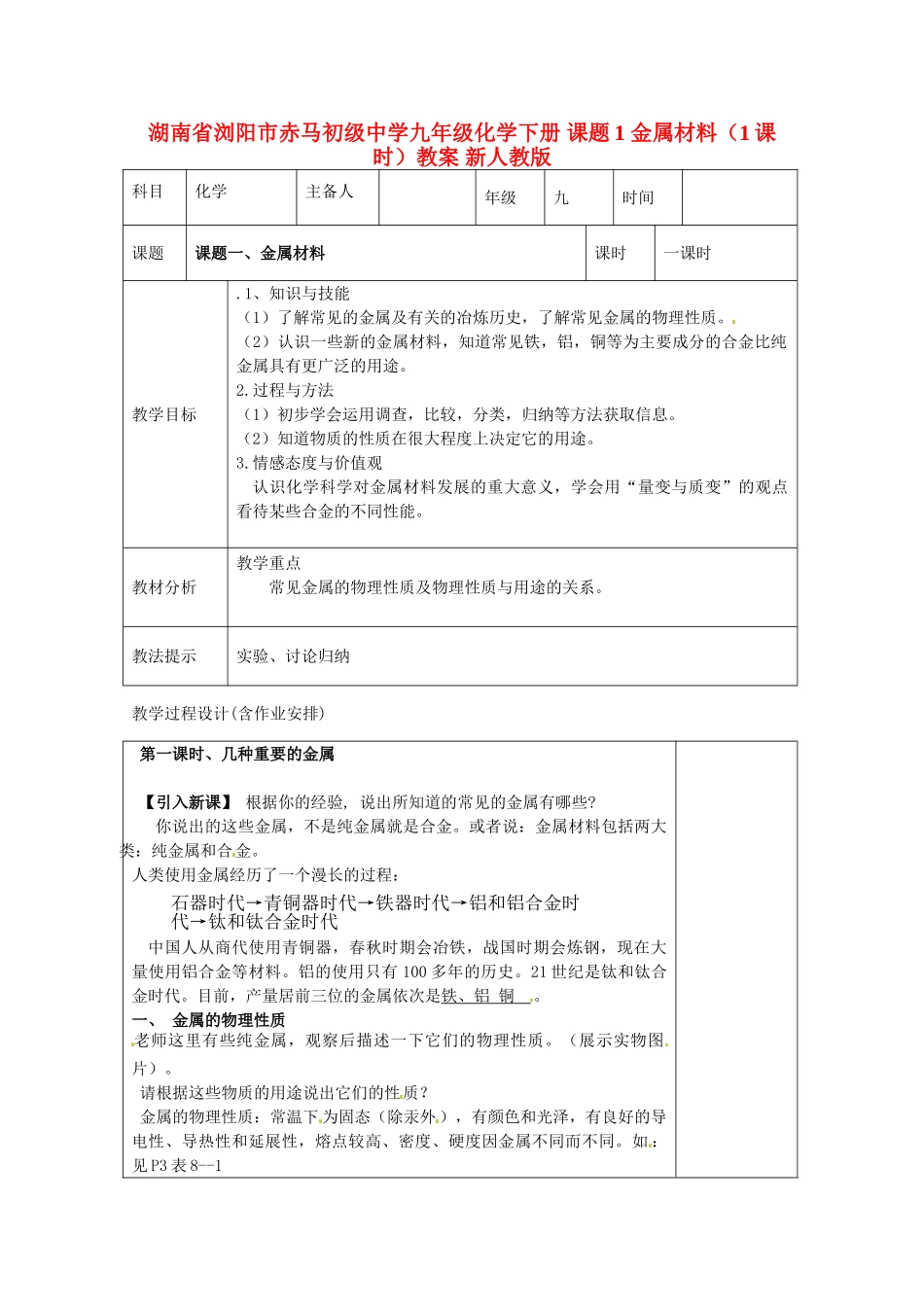 湖南省浏阳市赤马初级中学九年级化学下册 课题1 金属材料（1课时）教案 新人教版_第1页