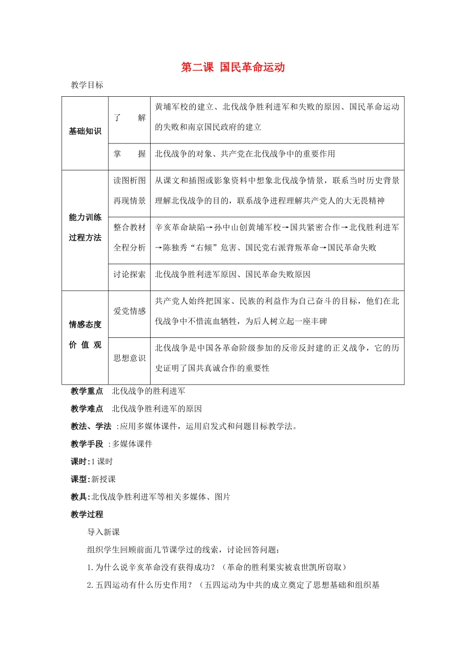 八年级历史上册 第二课 国民革命运动 教学设计 川教版_第1页