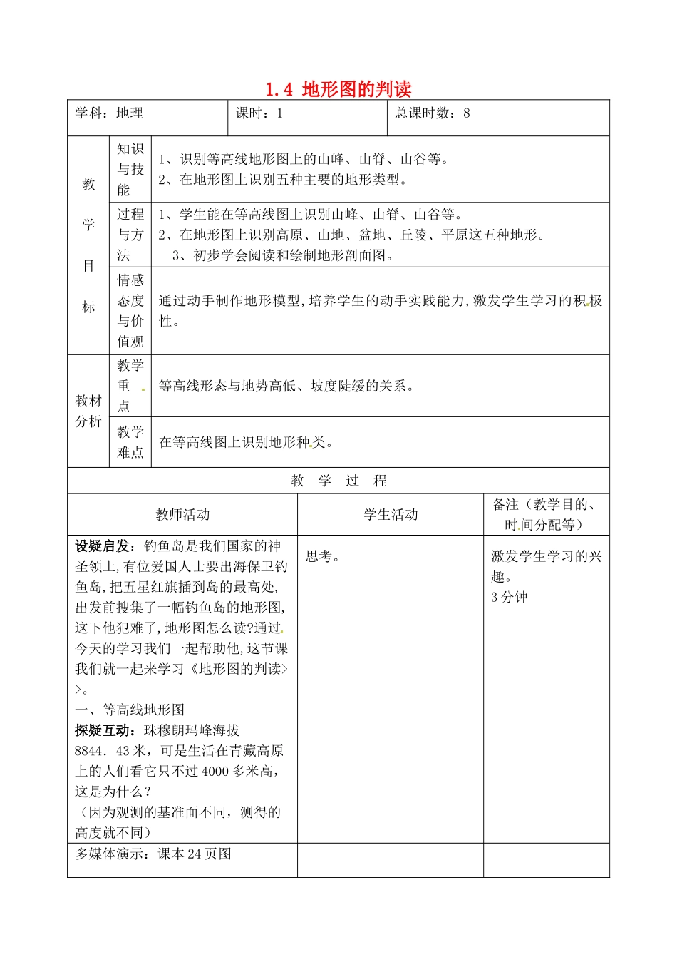 吉林省四平市第十七中学七年级地理上册 1.4 地形图的判读教案 新人教版_第1页