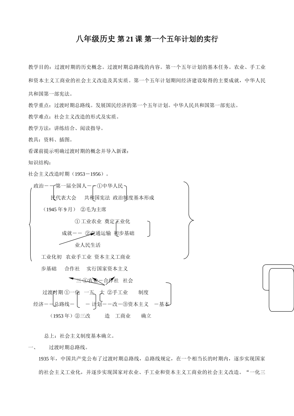 八年级历史 第21课 第一个五年计划的实行教案_第1页