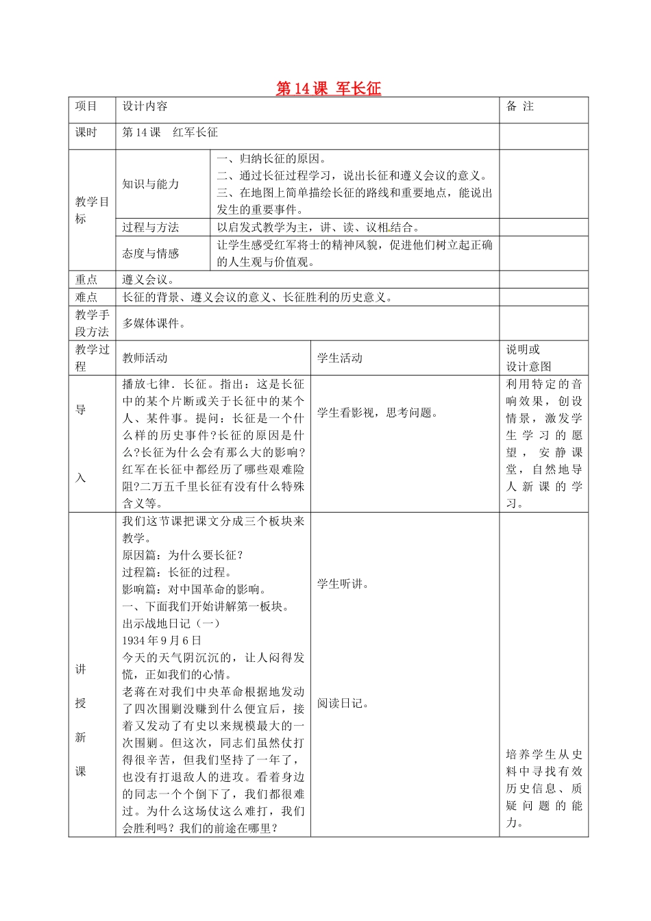 八年级历史上册 第14课 红军长征教案 岳麓版-岳麓版初中八年级上册历史教案_第1页