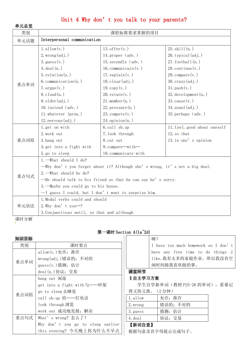 春八年级英语下册 Unit 4 Why don't you talk to your parents（第1课时）导学案 （新版）人教新目标版-（新版）人教新目标版初中八年级下册英语学案_第1页