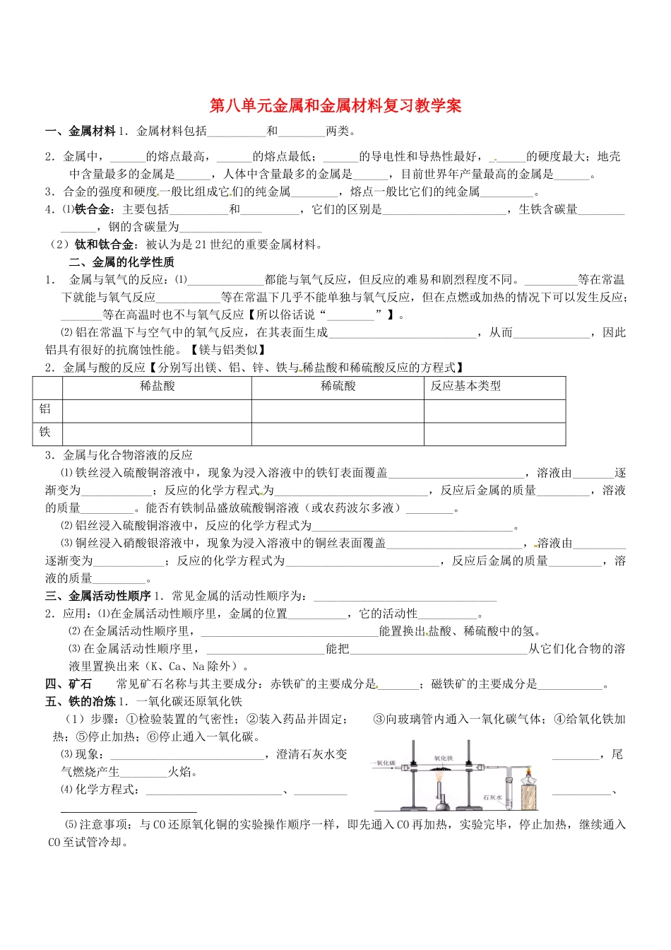 山东省郯城三中九年级化学《第八单元金属和金属材料》复习教学案_第1页